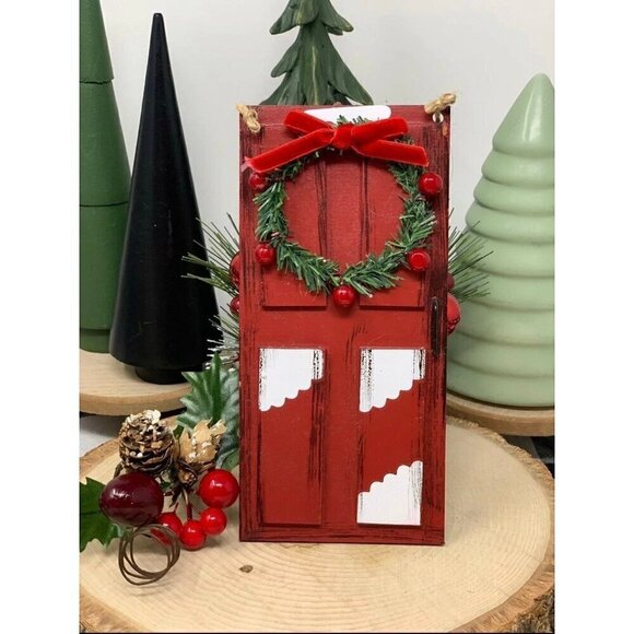 Farmhouse Christmas Door Sign 6in Red Tiered Tray Ornament Holiday Rustic Decor - Picture 1 of 6